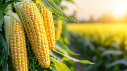 Close-up of ripe corn cobs on a stalk in a field.