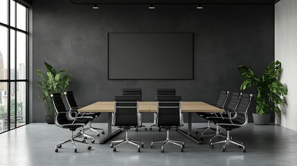 Sleek conference room featuring a wooden table, black chairs, potted plants, and large windows with a city view for a professional atmosphere.
