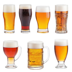 Various styles of beer displayed in glasses, showcasing their unique colors and frothy tops, perfect for beverage enthusiasts.