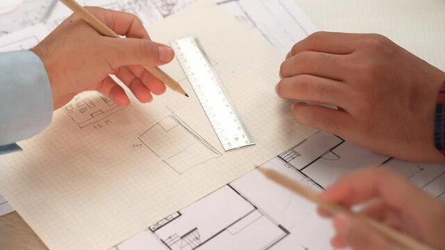 Professional engineer team discussion about house design on meeting table with architectural equipment and building blueprint scatter around at modern office. Focus on hand. Closeup. Delineation.