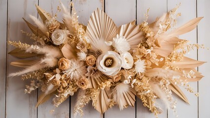 Dried flower arrangement for a wedding in neutral soft beige and white tones on a wooden background