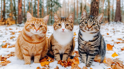 Three Cats in the Winter Woods:  Three adorable cats, an orange tabby, a calico, and a tabby,  sit together in a snowy forest, surrounded by autumn leaves, creating a heartwarming scene. The cats' cur