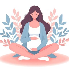 flat-style illustration of a pregnant woman standing gracefully, surrounded by soft leaves. Ideal for maternity, wellness, and nature-themed designs. Simple, elegant, and calming composition.