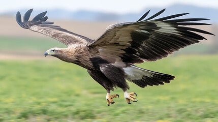 Obraz premium Eagle in Flight: A majestic eagle with powerful wings spreads its talons and soars through the air, showcasing its incredible strength and grace. The blurred background and the bird’s determined focu