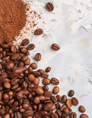 Obraz premium Fresh coffee beans combined with a sprinkling of chocolate powder and drizzled with soft white milk, generative ai