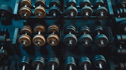 A Spectacular Display of Dumbbells in a Gym: Strength, Variety, and Dedication to Fitness Shown Through this Array of Equipment.