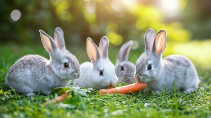 Obraz premium A nice group of healthy baby bunnies celebrating Easter, munching on grass, carrots, and food against the backdrop of a verdant garden. Adorable fluffy rabbits sniffing, exploring, enjoying the nature