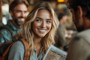 A travel agent presenting brochures and itineraries to a couple planning a romantic getaway.