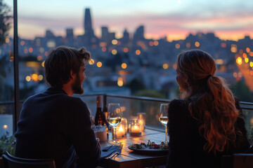 A couple enjoying a rooftop dinner with a panoramic view of the city skyline, celebrating their travels.