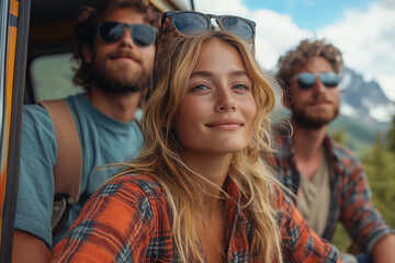 Fototapeta premium A group of friends on a road trip, stopping by a scenic overlook to take in the breathtaking views.