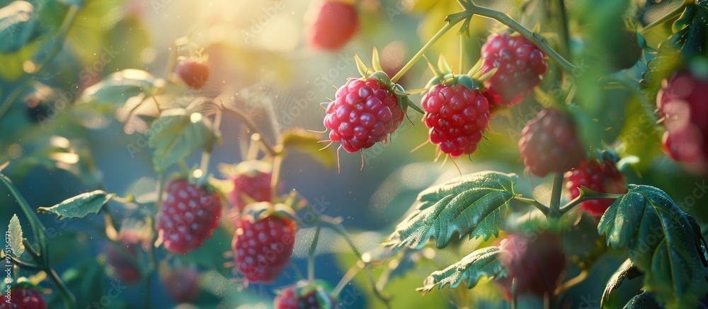 Wall mural many raspberry at day