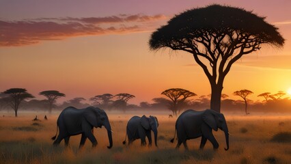 Fototapeta premium A family of elephants walking across the African plains at dawn, with the sky painted in soft pinks and oranges as the sun rises.