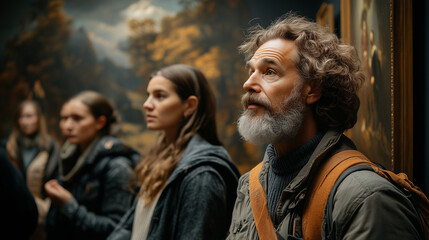 Obraz premium A group of tourists enjoying a guided tour through a famous art museum, admiring the masterpieces.