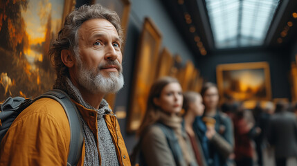 Obraz premium A group of tourists enjoying a guided tour through a famous art museum, admiring the masterpieces.