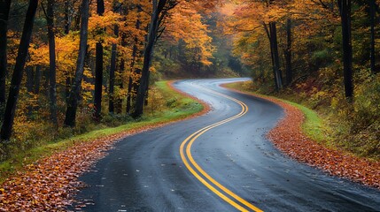 Obraz premium Winding Road Through Autumn Forest with Fallen Leaves