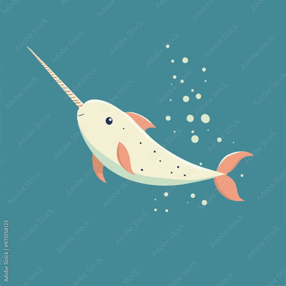 Wall mural Vector Illustration of a Cute Narwhal Swimming