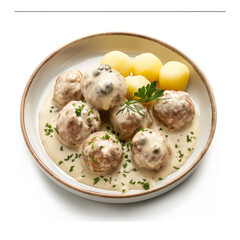 Meatballs and potatoes with sauce on plate closeup