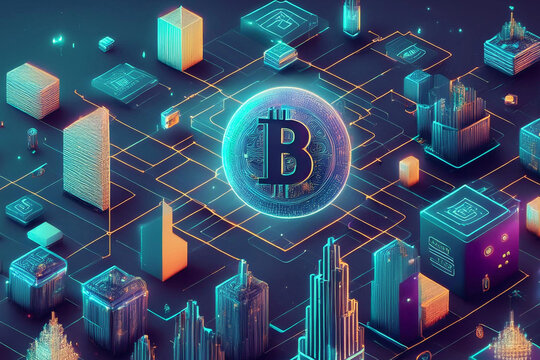 moneda grande cripto bitcoin sobre una gran ciudad y varios simbolos signos de monedas y dinero rodean el fondo con edificios, globalizacion y finanzas, pagos digitales 3d