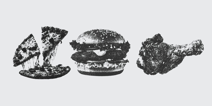 pizza, burger, chiken lag,  Large Grain Photocopy Effect, for grunge punk y2k collage design