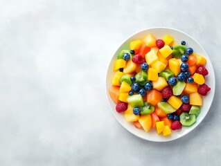 Fresh Fruit Salad on a White Plate.