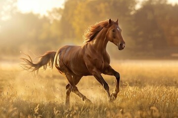 Obraz premium Majestic chestnut horse galloping through a sunlit meadow AI