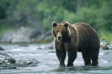 Majestic grizzly bear standing in a river in lush forest surroundings AI