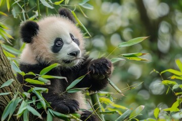 Obraz premium Adorable panda cub exploring bamboo forest in natural habitat AI