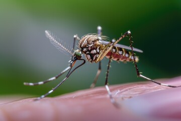 Fototapeta premium Close-up of a mosquito on human skin with green background. AI