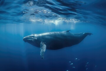 Obraz premium Majestic sperm whale in deep blue ocean waters for marine life appreciation AI