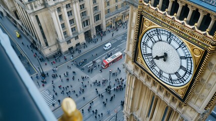 Historic clock tower overlooks busy square, people gathering below. AI generated