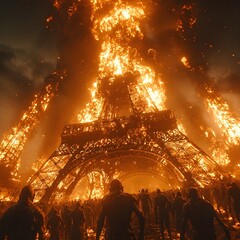 Eiffel Tower rises behind a group of people protesting in Paris image