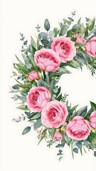 Wreath of watercolor pink roses, green leaves and eucalyptus branches, isolated illustration on white background