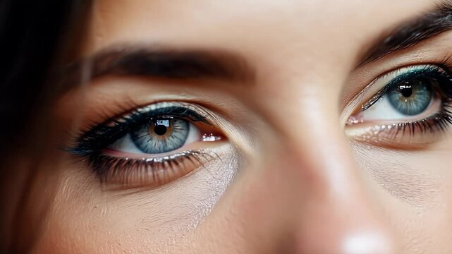 A close-up examination of stunning blue eyes with dramatic makeup highlights and unique details