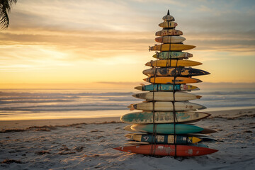 hristmas tree made out of surfboards with the background at the beach