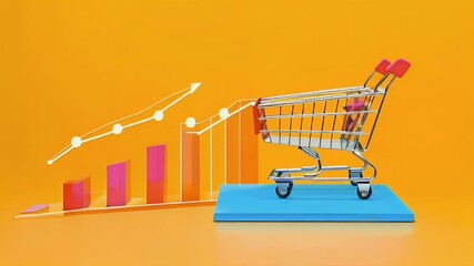 A shopping cart beside rising graphs, symbolizing growth in sales or e-commerce.