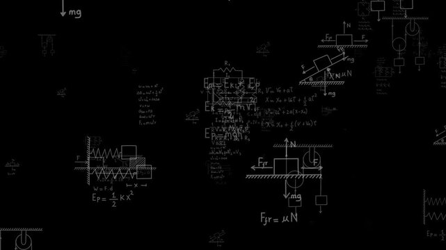 Equations of physics, uniform rectilinear motion, statics, electromagnetism, electrical circuits, friction force, energy, angular velocity, with black background. Seamless loop animation