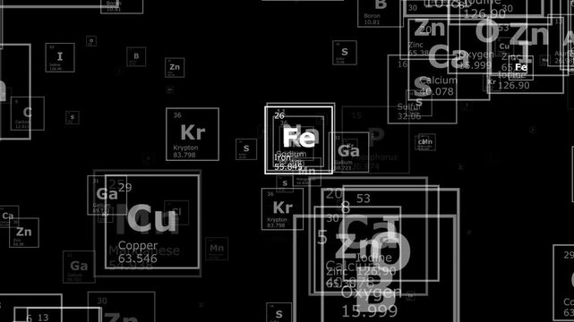 Seamless loop animation. Black background of the chemical elements of the periodic table, atomic number, atomic weight, name and symbol of the element