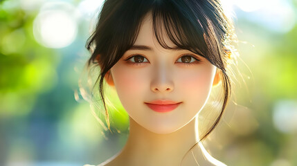 Naklejka premium Beautiful Young Woman with Dark Hair and Brown Eyes Smiles Gently in Nature Portrait