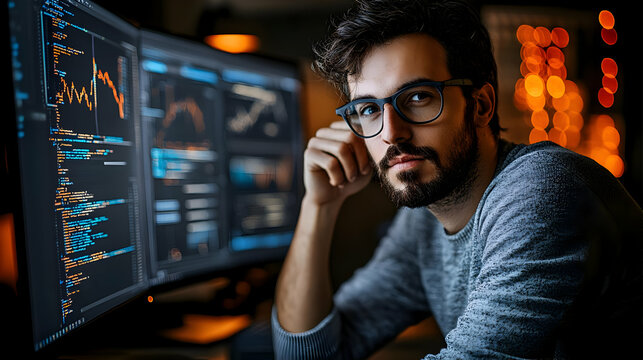 Focused Software Developer Concentrates on Code Displayed on Multiple Monitors