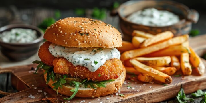 Tartar sauce accompanied by a tasty fish burger