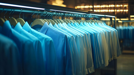 Fototapeta premium Row of blue shirts hanging on hangers in a clothing store brightly lit with cool blue light