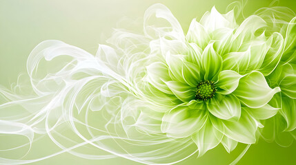 Green Flower with Abstract White Swirls on Green Background