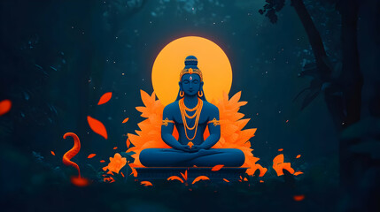 Blue Deity Meditates Serenely in Lush, Vibrant Jungle Setting Under a Full Moon