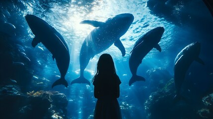 Obraz premium Whale swims gracefully above a little girl's head in aquarium image