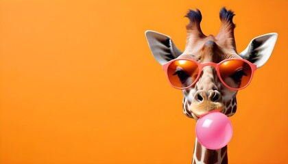 A giraffe wearing sunglasses and blowing a pink bubble gum bubble against a bright yellow background