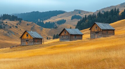 Charming rural wooden houses on a mountain slope surrounded by idyllic autumn landscape