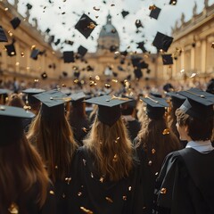 Obraz premium Closeup of a Large Group of Students Outside of the University, Dressed in Cap and Gown, Throwing their Caps in the Air in Celebration, AI