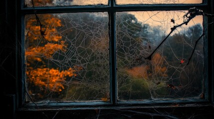 A window with cobwebs and a view of autumn leaves.