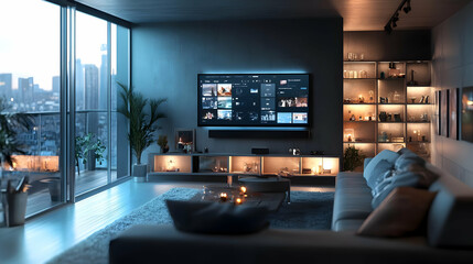 Modern Living Room Interior Design with City View 3D Illustration