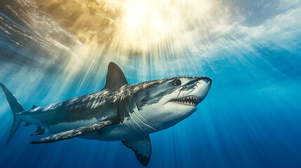 Fototapeta premium Great White Shark Under Sunbeams: Majestic great white shark swims through the depths, illuminated by a radiant sunbeam, showcasing its powerful presence and beauty in the vast ocean. 